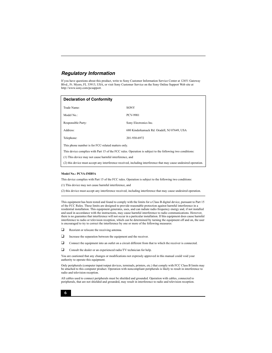 Regulatory information | Sony PCV-W600G User Manual | Page 6 / 40