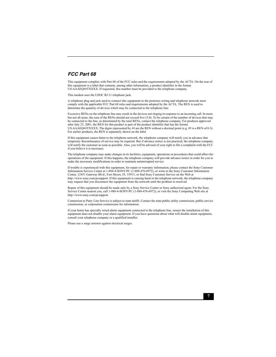 Fcc part 68 | Sony PCV-W600G User Manual | Page 7 / 40