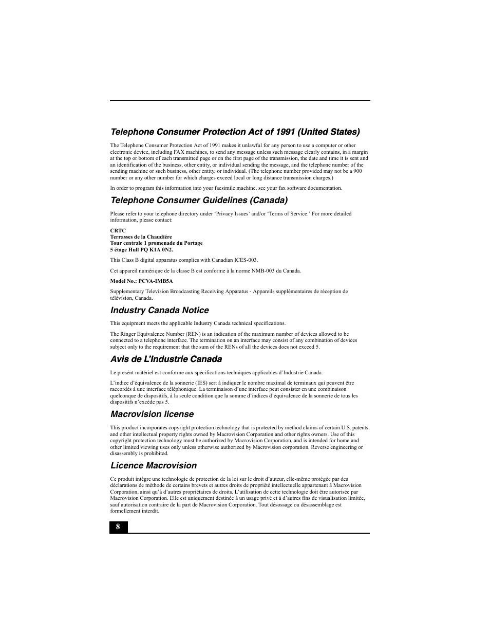 Telephone consumer guidelines (canada), Industry canada notice, Macrovision license | Licence macrovision | Sony PCV-W600G User Manual | Page 8 / 40