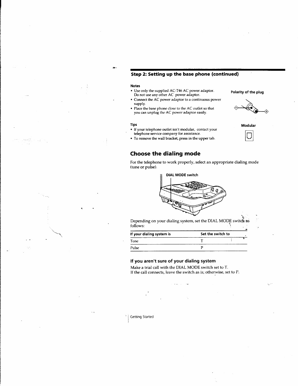 Choose the dialing mode, If you aren't sure of your dialing system | Sony SPP-SS955 User Manual | Page 10 / 61