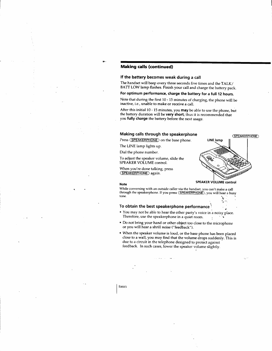 If the battery becomes weak during a call, Making calls through the speakerphone, Making calls (continued) | Sony SPP-SS955 User Manual | Page 14 / 61