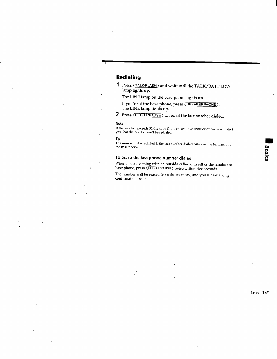 Redialing, Note, To erase the last phone number dialed | Sony SPP-SS955 User Manual | Page 15 / 61