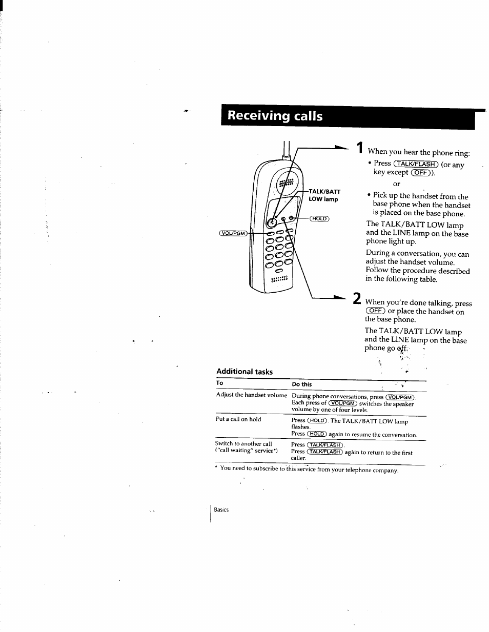 Receiving calls, Additional tasks | Sony SPP-SS955 User Manual | Page 16 / 61