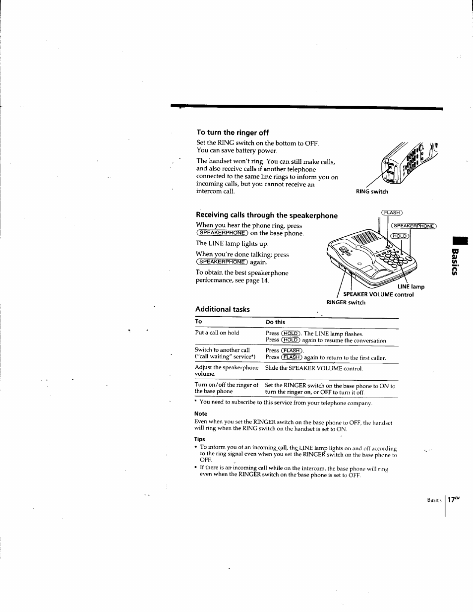 To turn the ringer off, Receiving calls through the speakerphone, Note | Tips, Additional tasks | Sony SPP-SS955 User Manual | Page 17 / 61