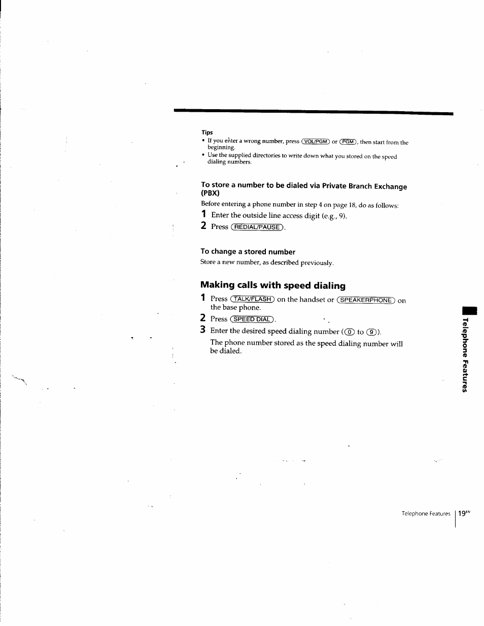 To change a stored number, Making calls with speed dialing | Sony SPP-SS955 User Manual | Page 19 / 61