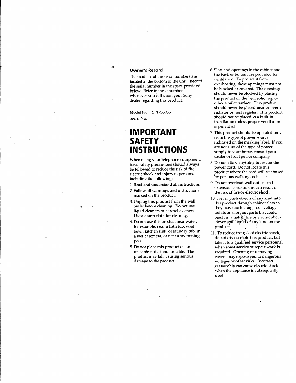 Owner's record, Important safety instructions | Sony SPP-SS955 User Manual | Page 2 / 61