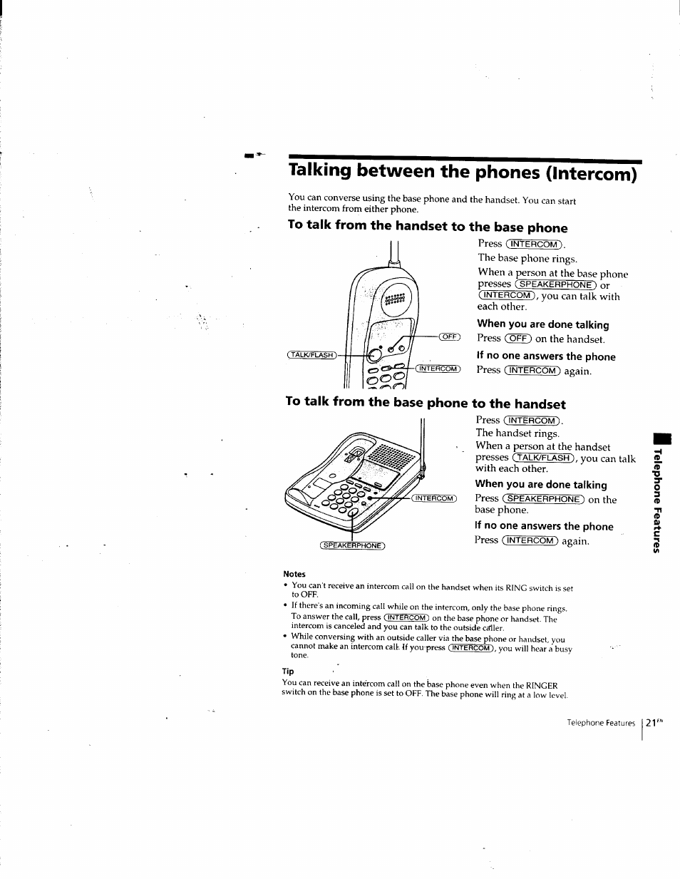 Talking between the phones (intercom), To talk from the handset to the base phone, To talk from the base phone to the handset | When you are done talking, If no one answers the phone | Sony SPP-SS955 User Manual | Page 21 / 61