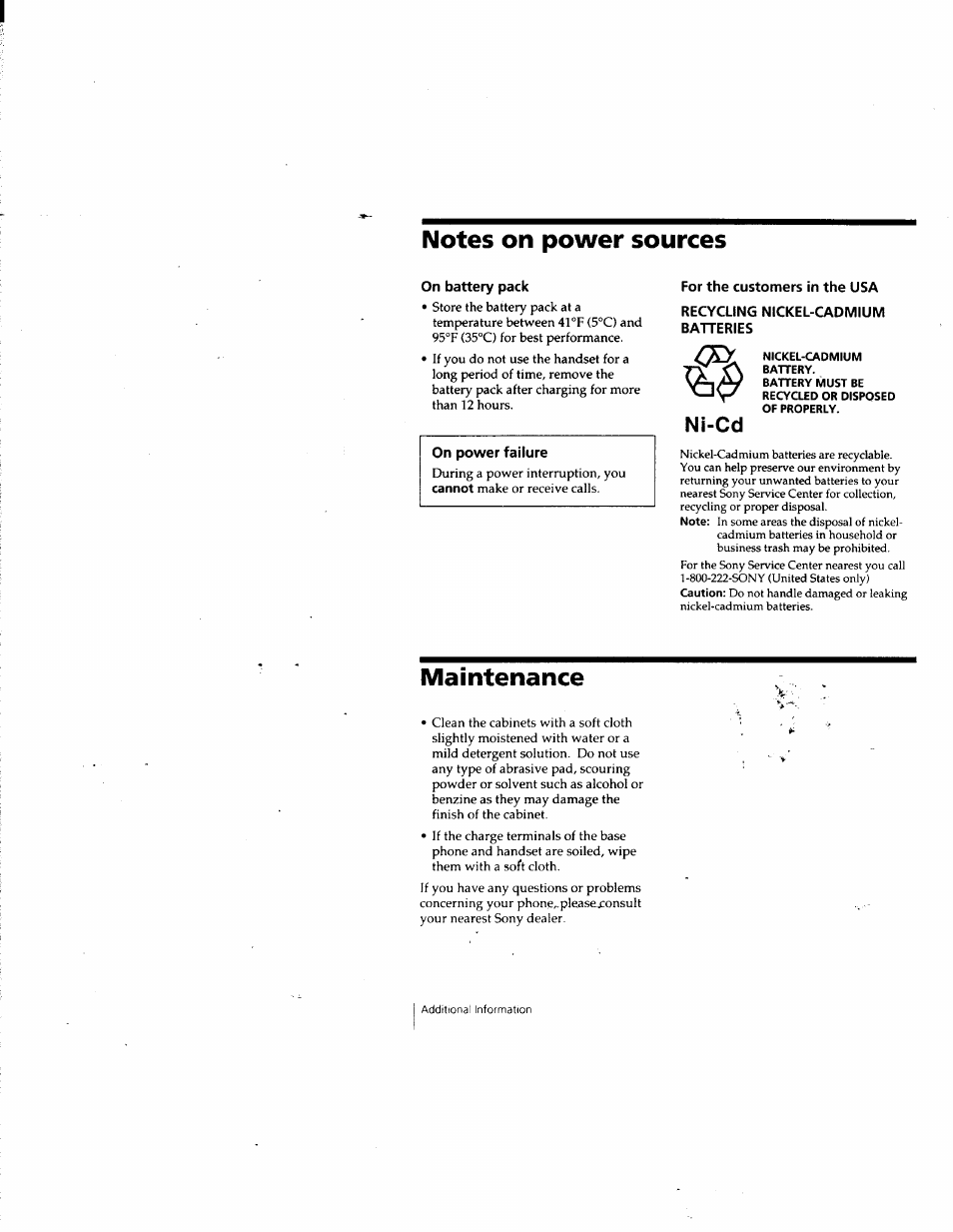 Notes on power sources, On battery pack, For the customers in the usa | Recycling nickel-cadmium batteries, Nickel-cadmium, Battery, Maintenance, Ni-cd | Sony SPP-SS955 User Manual | Page 26 / 61