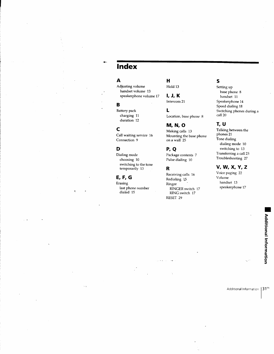 Index, E, f, g, V, w, x, y, z | Ah s, If jf k, M, n, o t, u c, Dpf q | Sony SPP-SS955 User Manual | Page 31 / 61