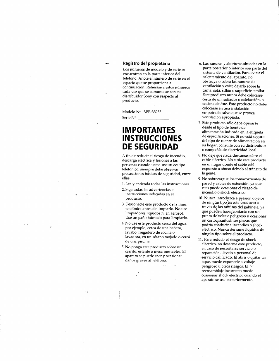 Registro del propietario, Importantes instrucciones de seguridad | Sony SPP-SS955 User Manual | Page 32 / 61