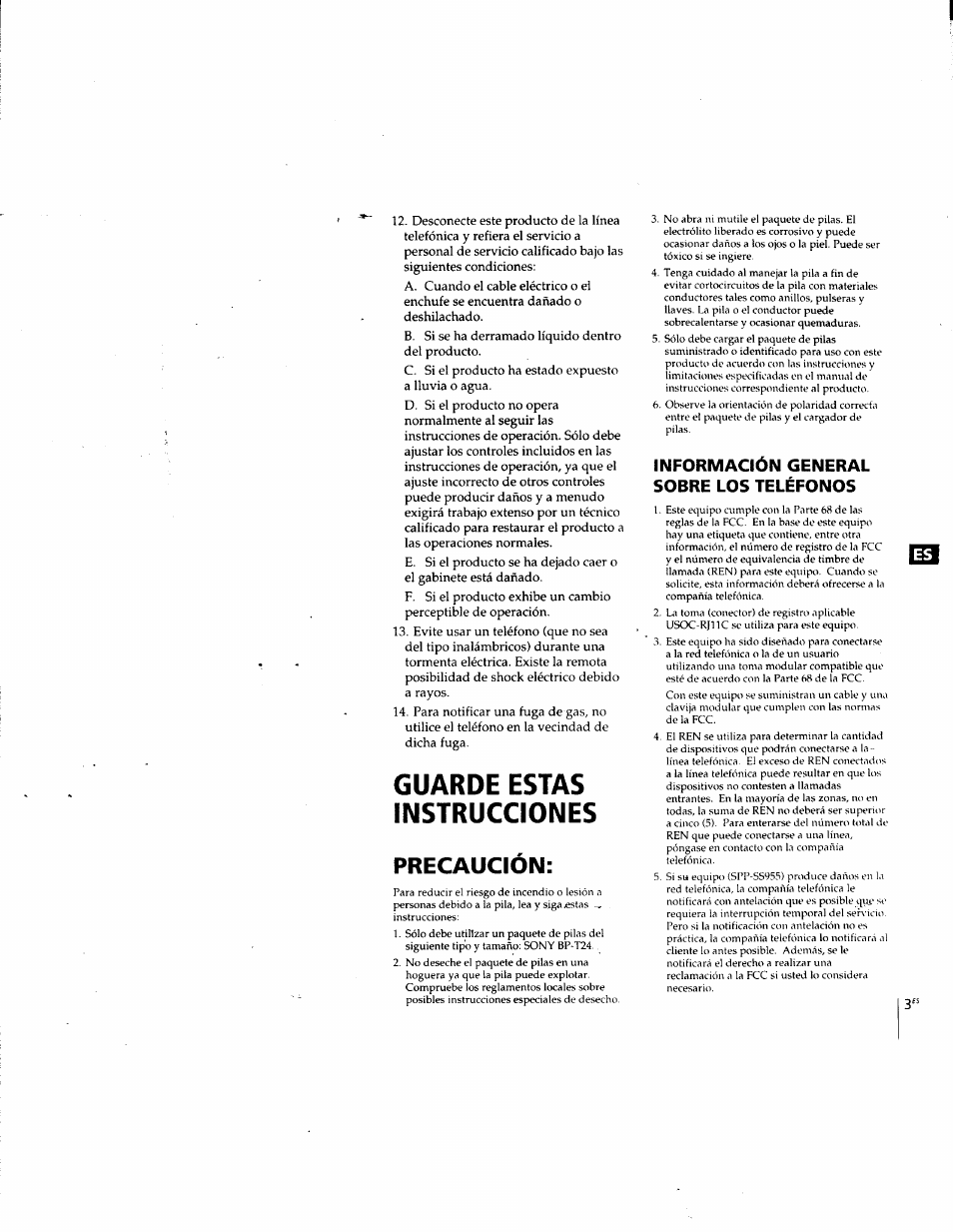 Información general sobre los teléfonos, Guarde estas instrucciones precaucion | Sony SPP-SS955 User Manual | Page 33 / 61