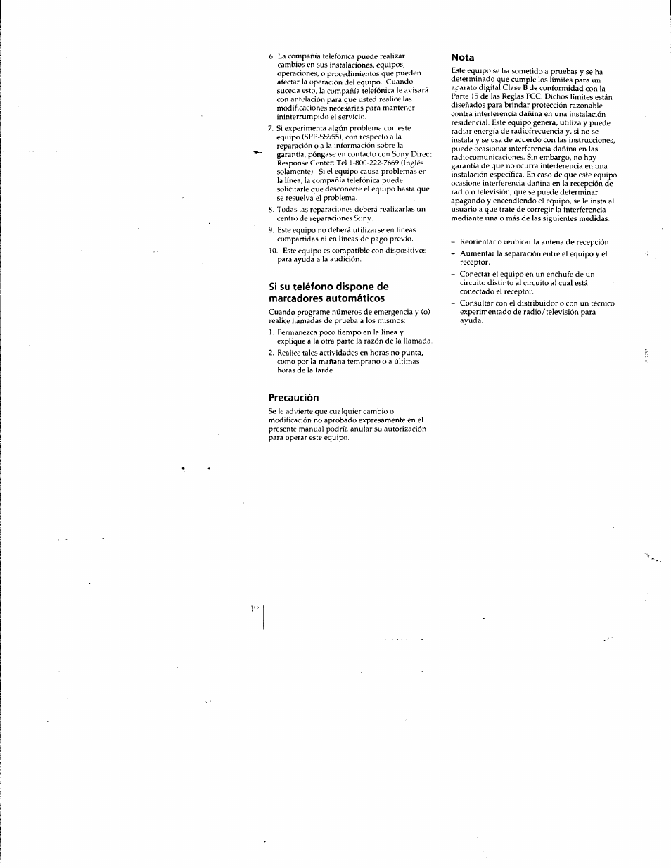 Si su teléfono dispone de marcadores automáticos, Nota, Precaución | Sony SPP-SS955 User Manual | Page 34 / 61