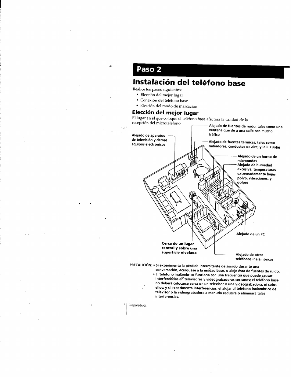 Instalación del teléfono base, Elección del mejor lugar, Paso 2 | Sony SPP-SS955 User Manual | Page 38 / 61