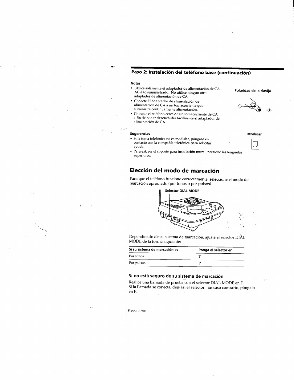 Notas, Polaridad de la clavija, Sugerencias | Modular, Elección del modo de marcación, Si no está seguro de su sistema de marcación | Sony SPP-SS955 User Manual | Page 40 / 61