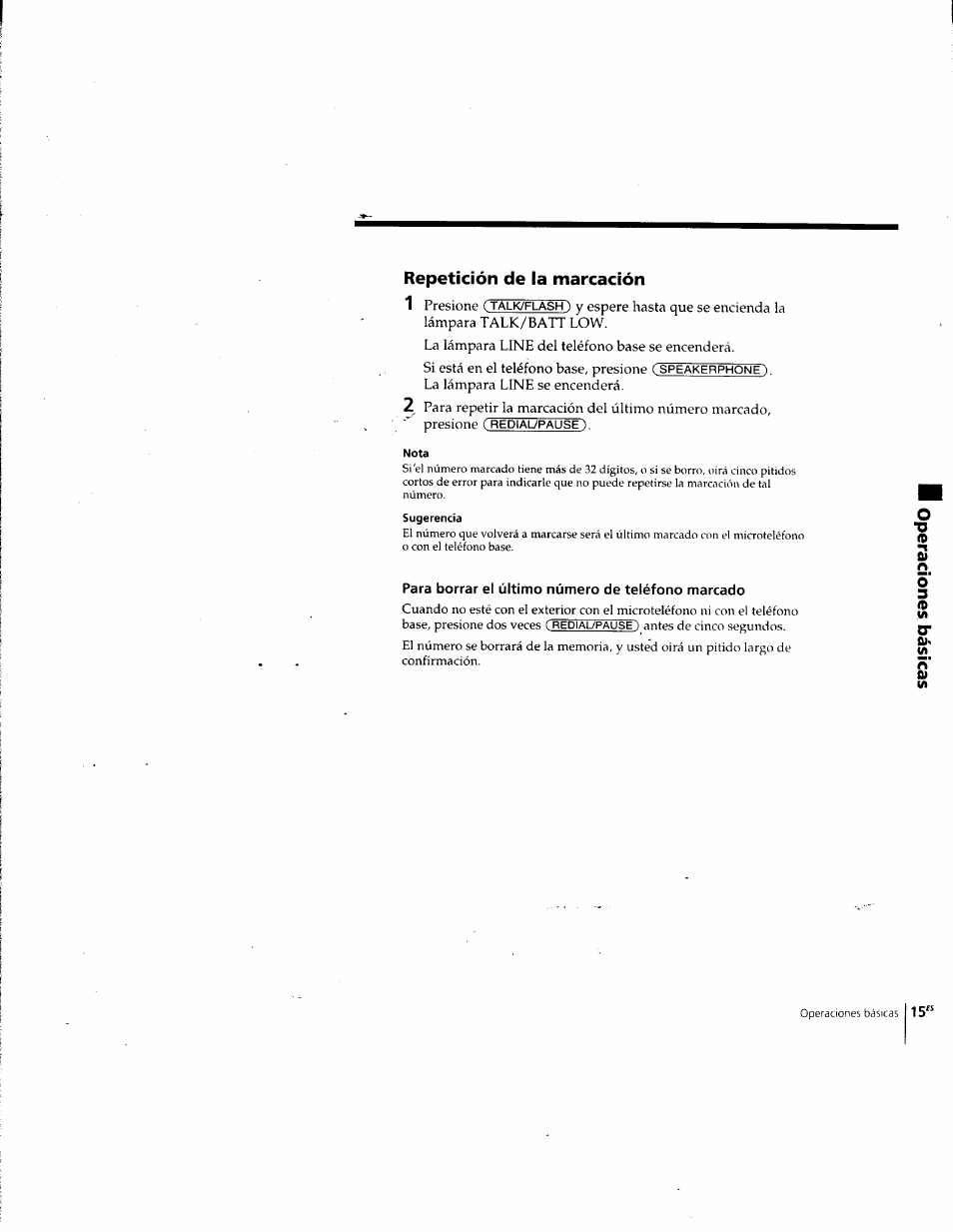 Repetición de la marcación, Nota, Sugerencia | Para borrar el último número de teléfono marcado | Sony SPP-SS955 User Manual | Page 44 / 61