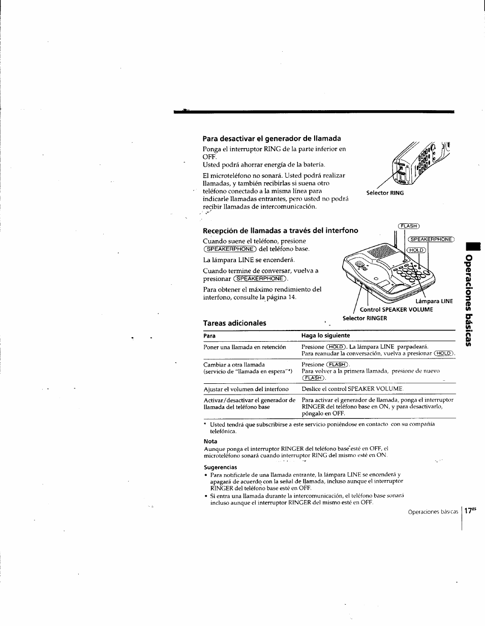 Para desactivar el generador de llamada, Recepción de llamadas a través del interfono, Nota | Sugerencias, Tareas adicionales | Sony SPP-SS955 User Manual | Page 46 / 61