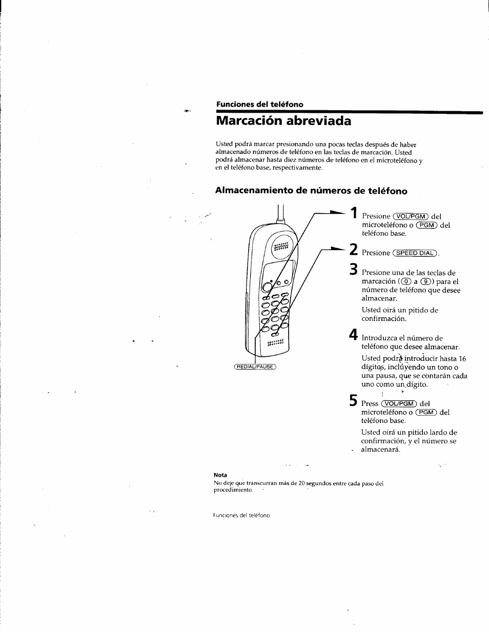 Marcación abreviada, Almacenamiento de números de teléfono | Sony SPP-SS955 User Manual | Page 49 / 61