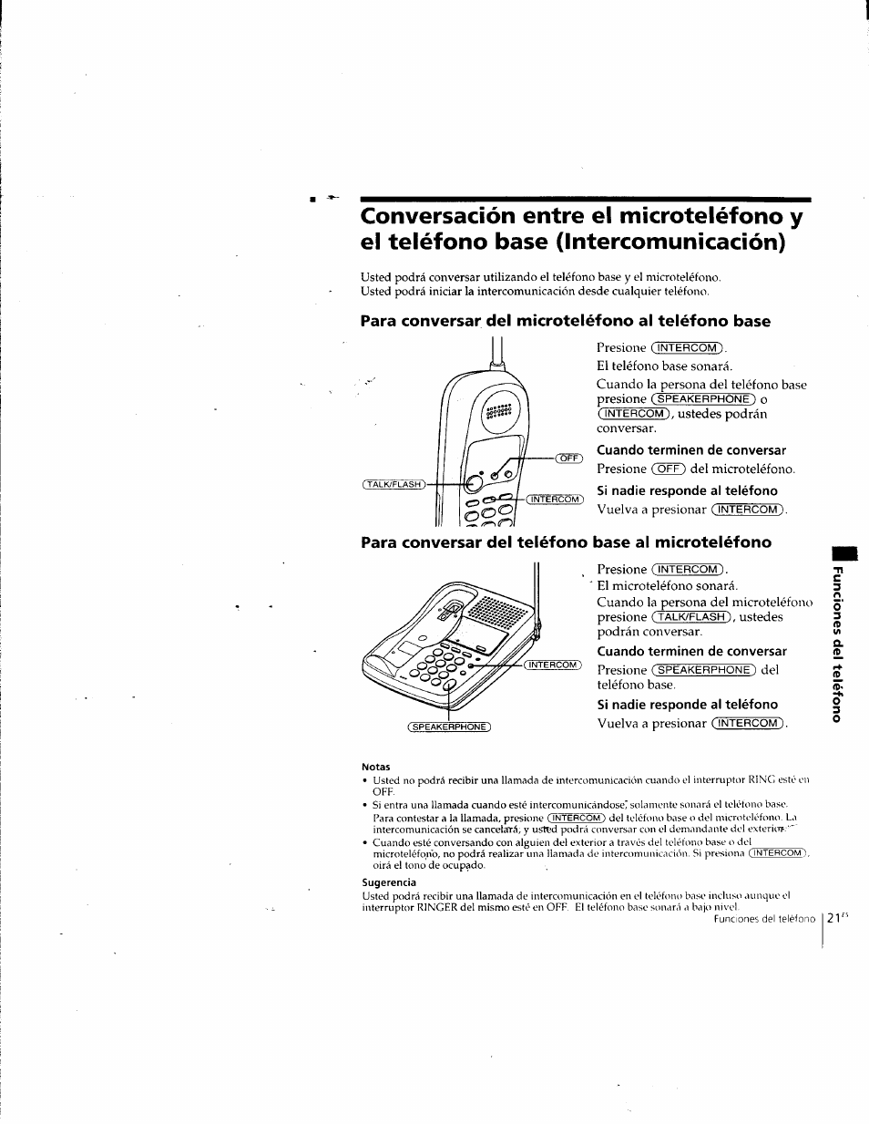 Para conversar del microteléfono al teléfono base, Cuando terminen de conversar, Si nadie responde al teléfono | Para conversar del teléfono base al microteléfono, Notas | Sony SPP-SS955 User Manual | Page 50 / 61