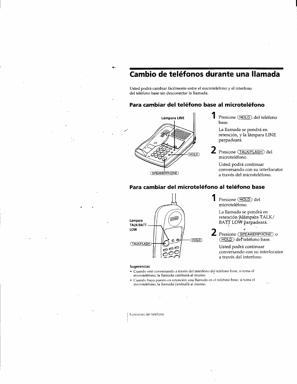Cambio de teléfonos durante una llamada, Para cambiar del teléfono base al microteléfono, Para cambiar del microteléfono al teléfono base | Sony SPP-SS955 User Manual | Page 51 / 61