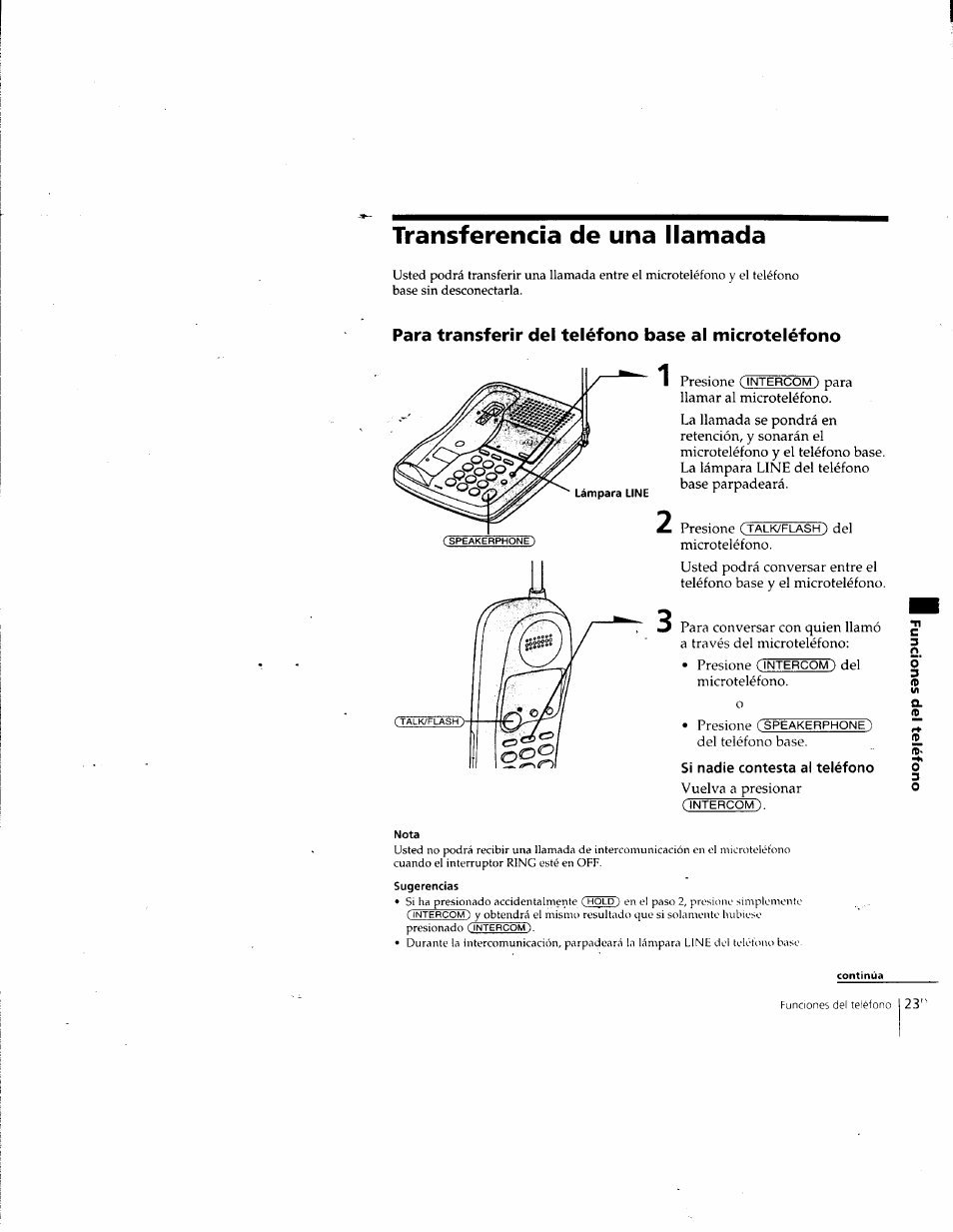 Transferencia de una llamada, Para transferir del teléfono base al microteléfono, Si nadie contesta al teléfono | Nota, Sugerencias | Sony SPP-SS955 User Manual | Page 52 / 61