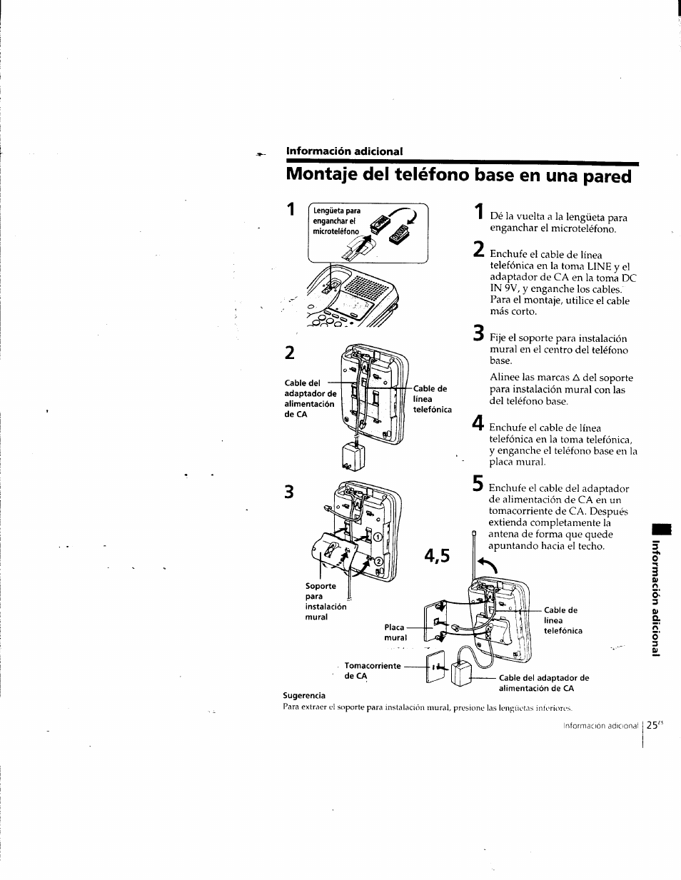 Montaje del teléfono base en una pared, Montaje del teléfono base en una pared 1 | Sony SPP-SS955 User Manual | Page 54 / 61