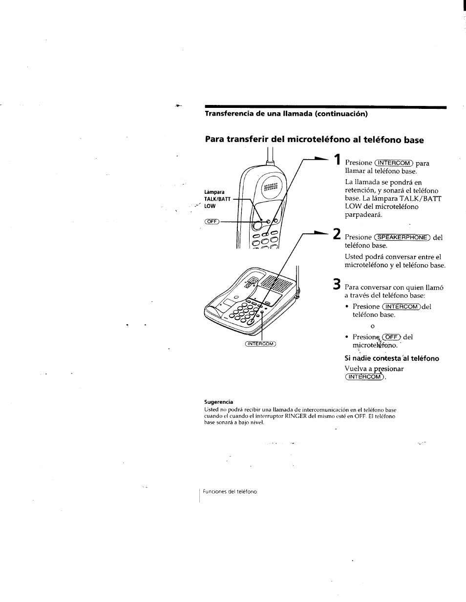 Para transferir del microteléfono al teléfono base, Si nadie contesta al teléfono | Sony SPP-SS955 User Manual | Page 55 / 61