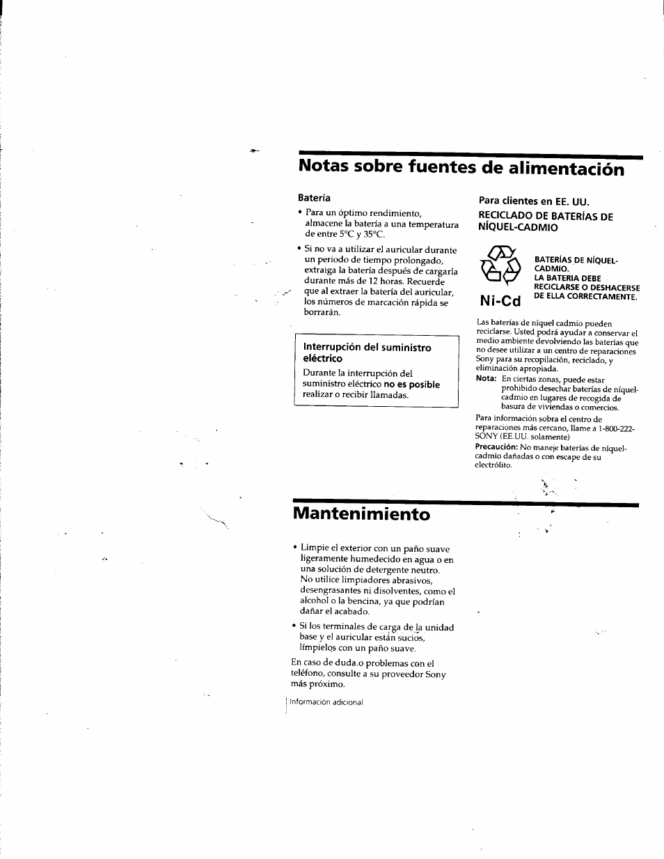 Notas sobre fuentes de alimentación, Batería, Baterías de níquel- cadmio | Mantenimiento, N¡-cd | Sony SPP-SS955 User Manual | Page 57 / 61