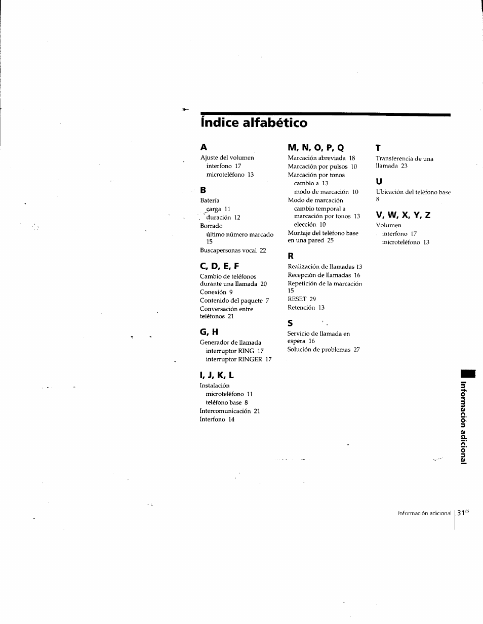 Indice alfabético, M, n, o, p, q, V, w, x, y, z | C, d, e, f, G, h, I, j. k, l | Sony SPP-SS955 User Manual | Page 60 / 61