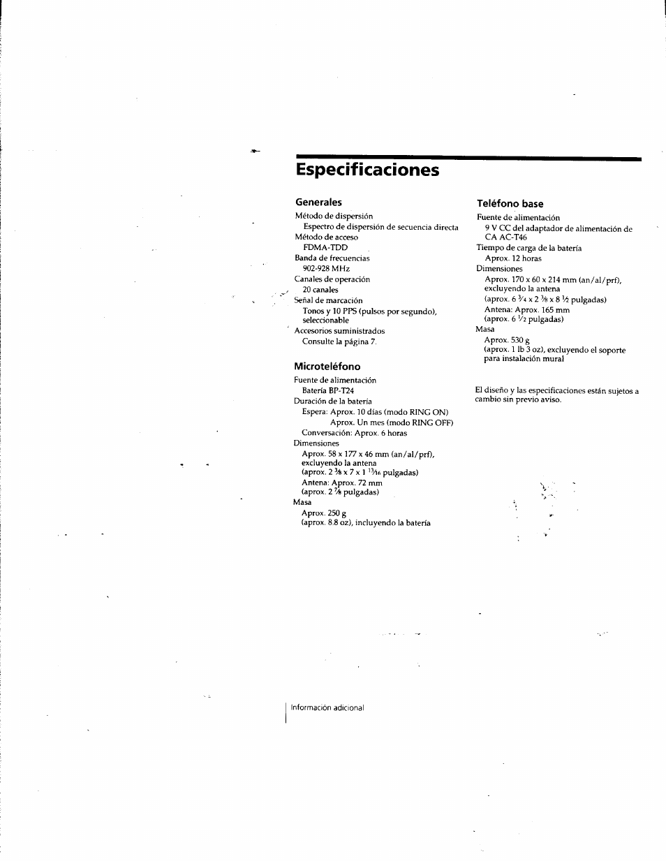 Especificaciones, Generales, Microteléfono | Teléfono base | Sony SPP-SS955 User Manual | Page 61 / 61