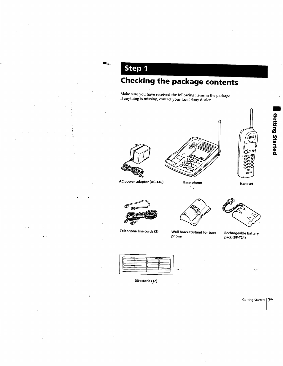 Checking the package contents, Step 1 checking the package contents | Sony SPP-SS955 User Manual | Page 7 / 61