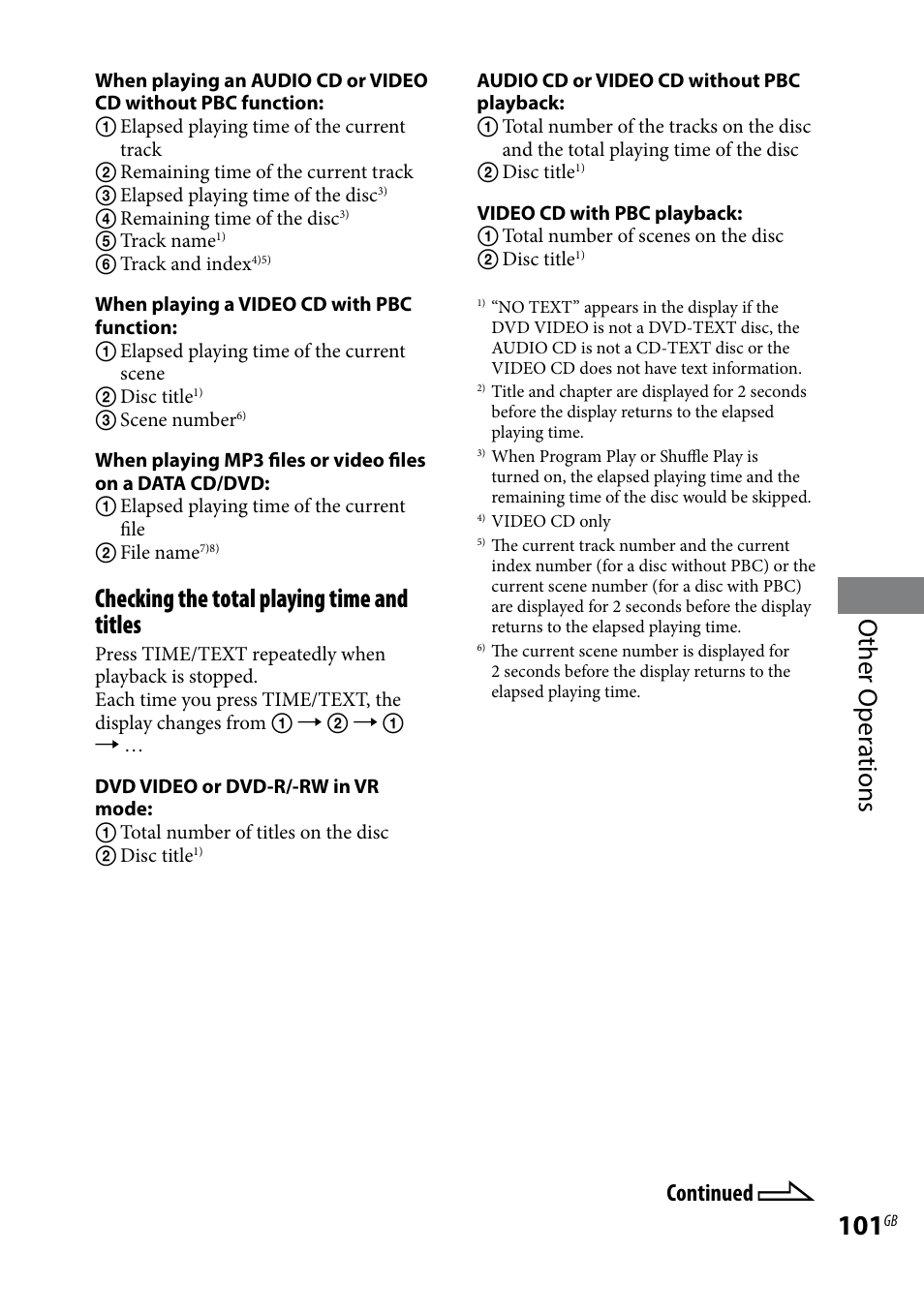 Other oper ations, Checking the total playing time and titles, Continued | Sony LBT-LCD7Di User Manual | Page 101 / 147