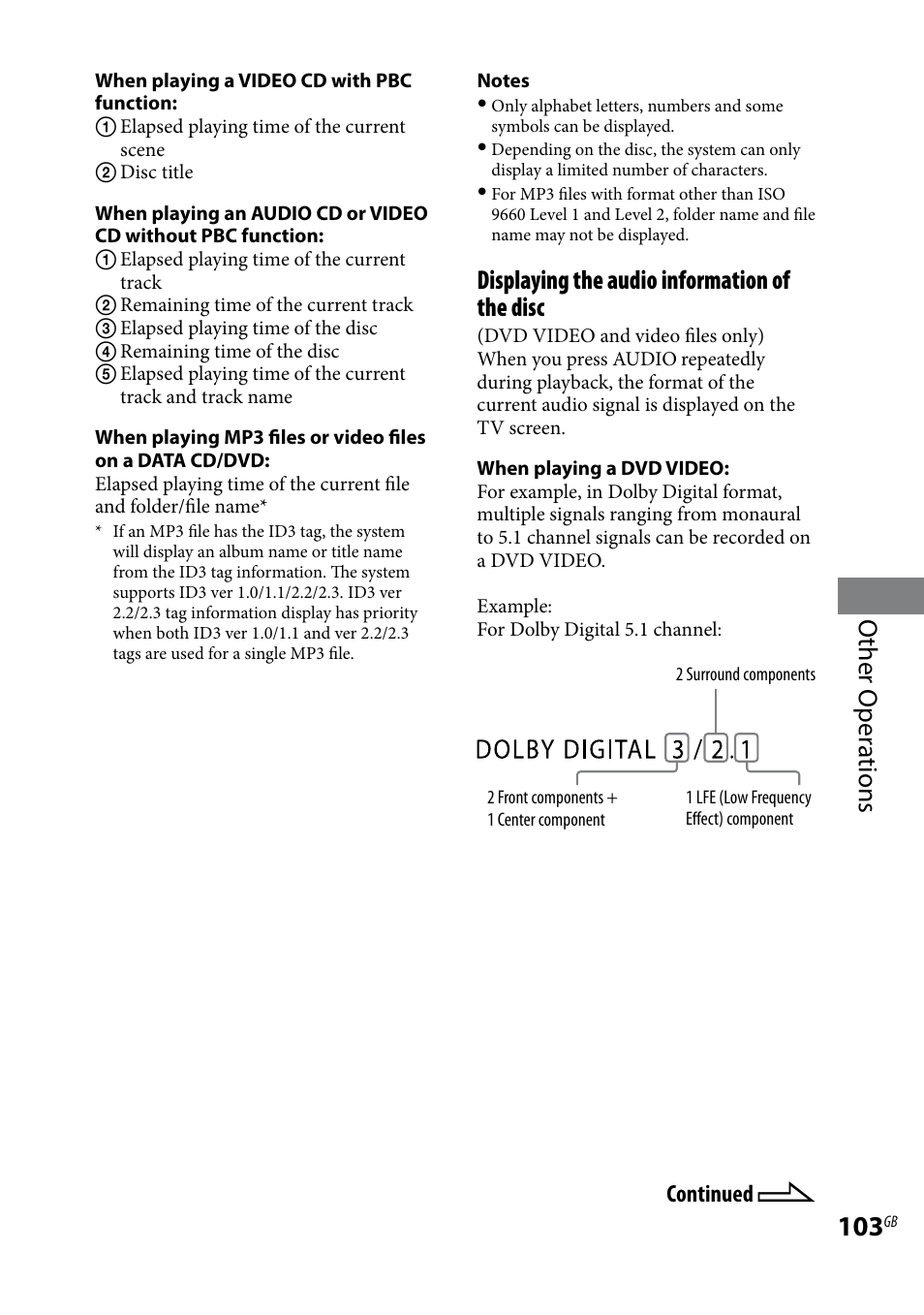 Other oper ations, Displaying the audio information of the disc | Sony LBT-LCD7Di User Manual | Page 103 / 147
