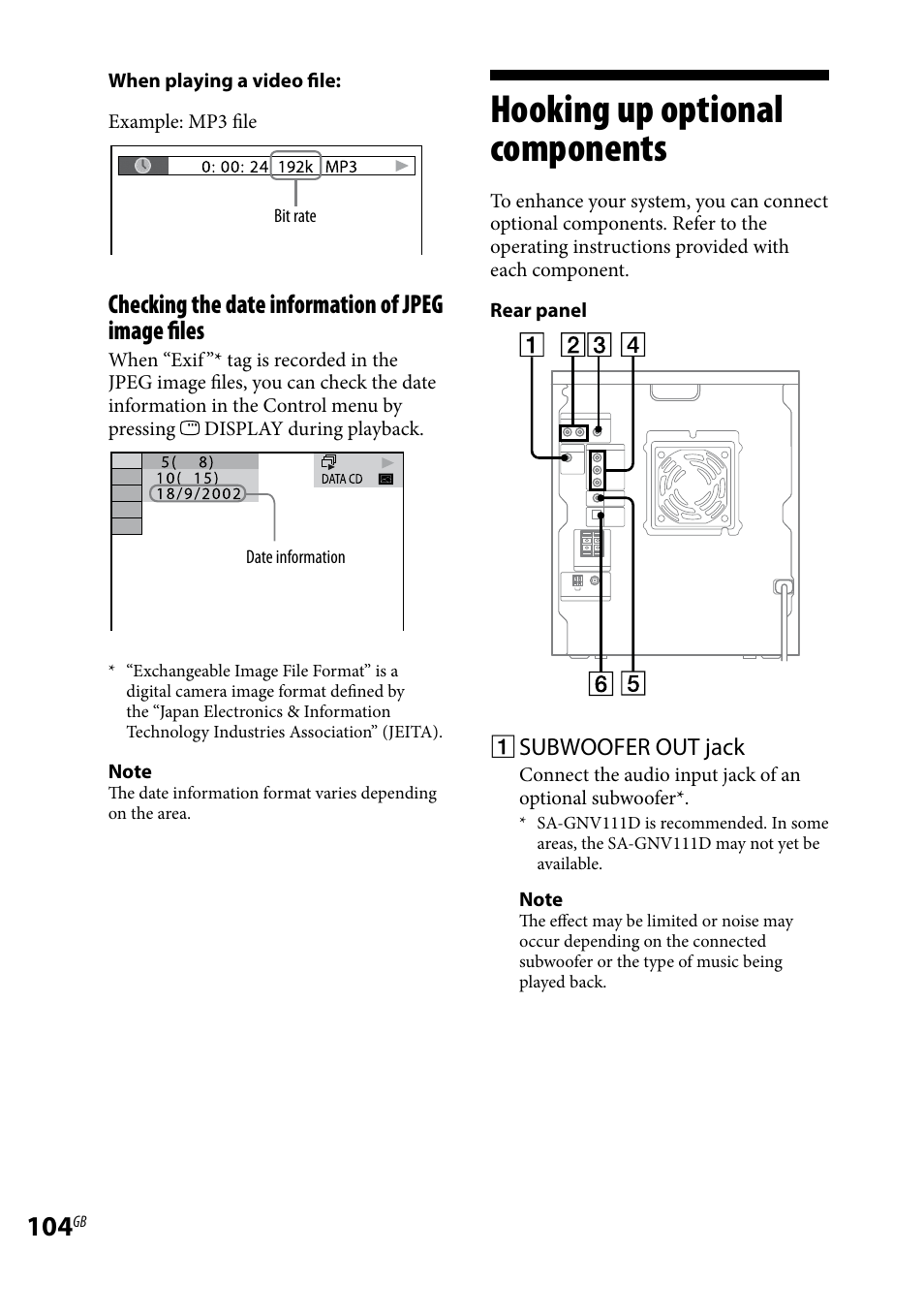 Hooking up optional components, Hooking up optional, Components | Checking the date information of jpeg image files | Sony LBT-LCD7Di User Manual | Page 104 / 147