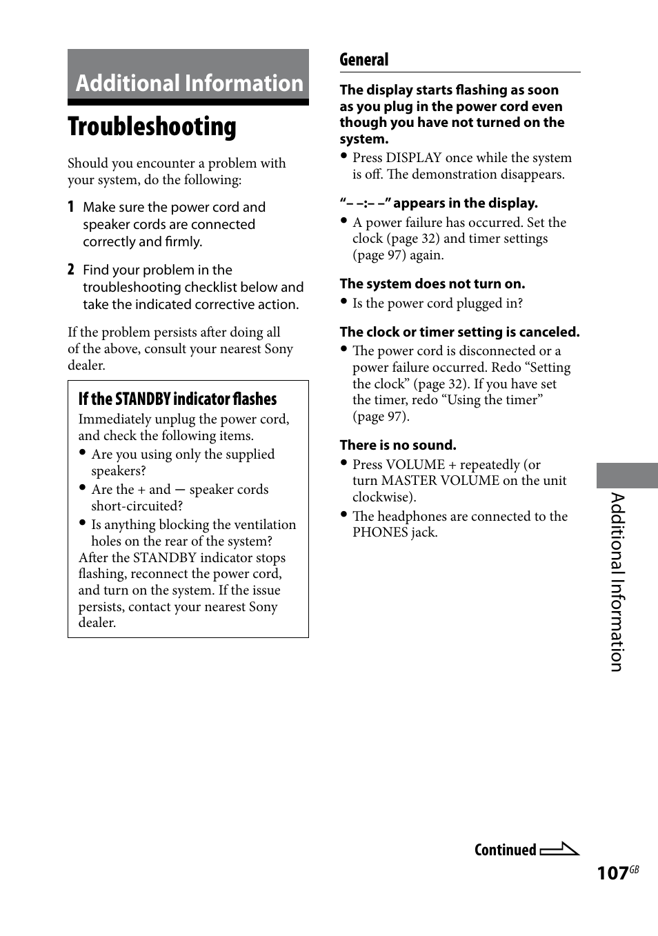 Additional information, Troubleshooting, Additional i nf or ma tion | If the standby indicator flashes, General | Sony LBT-LCD7Di User Manual | Page 107 / 147