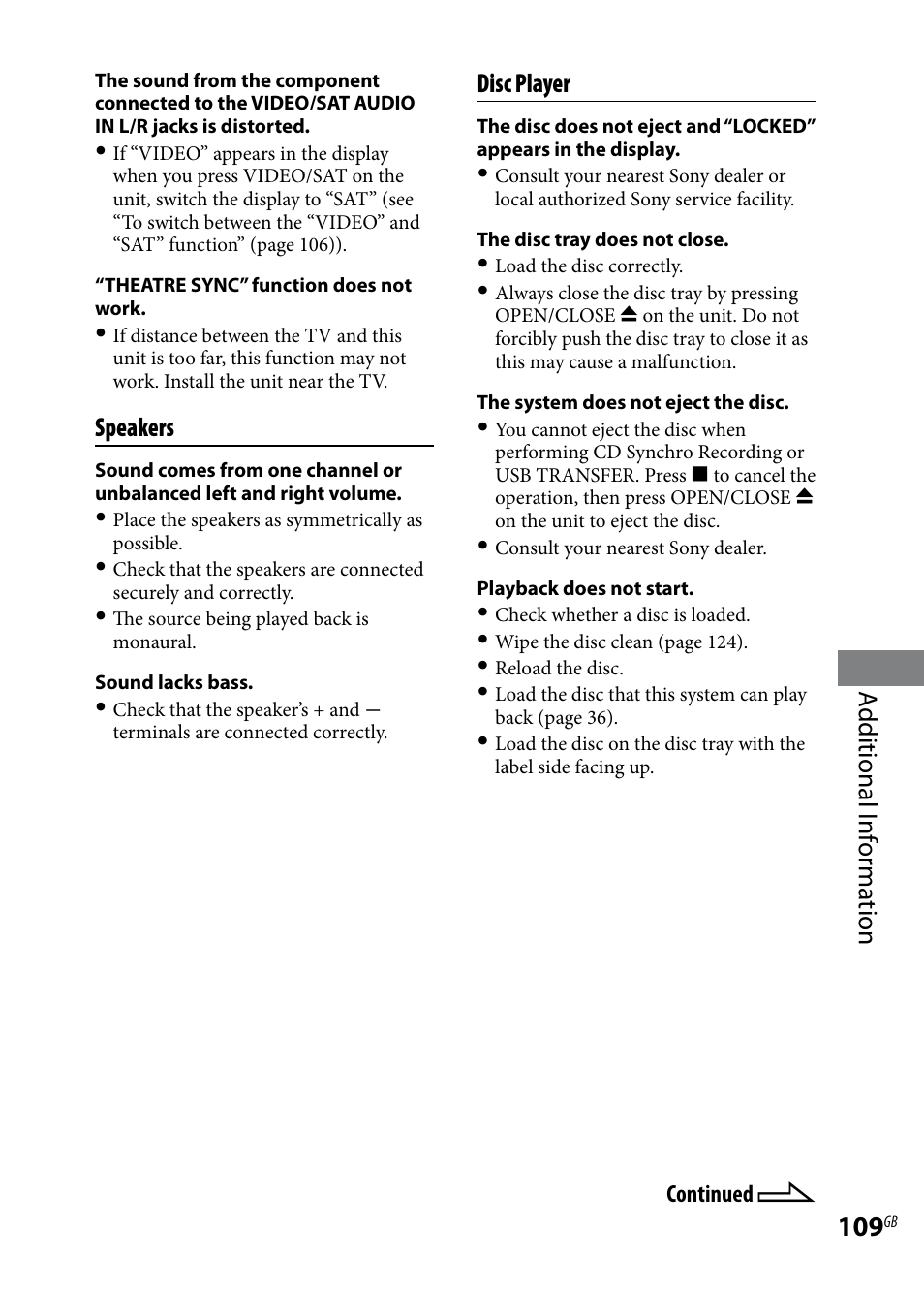 Additional i nf or ma tion, Speakers, Disc player | Sony LBT-LCD7Di User Manual | Page 109 / 147