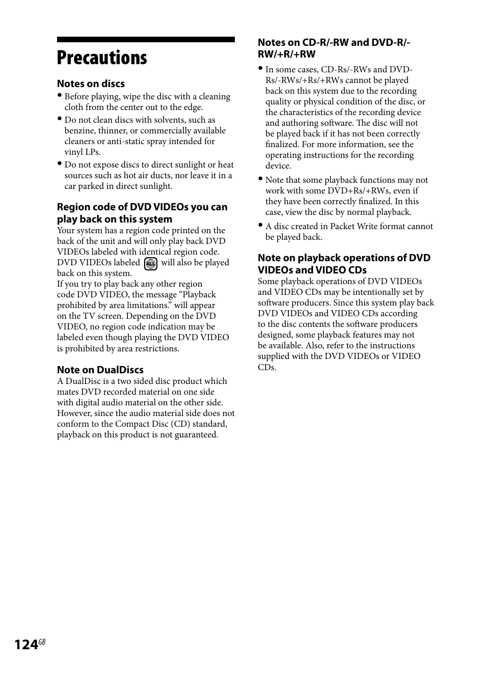 Precautions | Sony LBT-LCD7Di User Manual | Page 124 / 147
