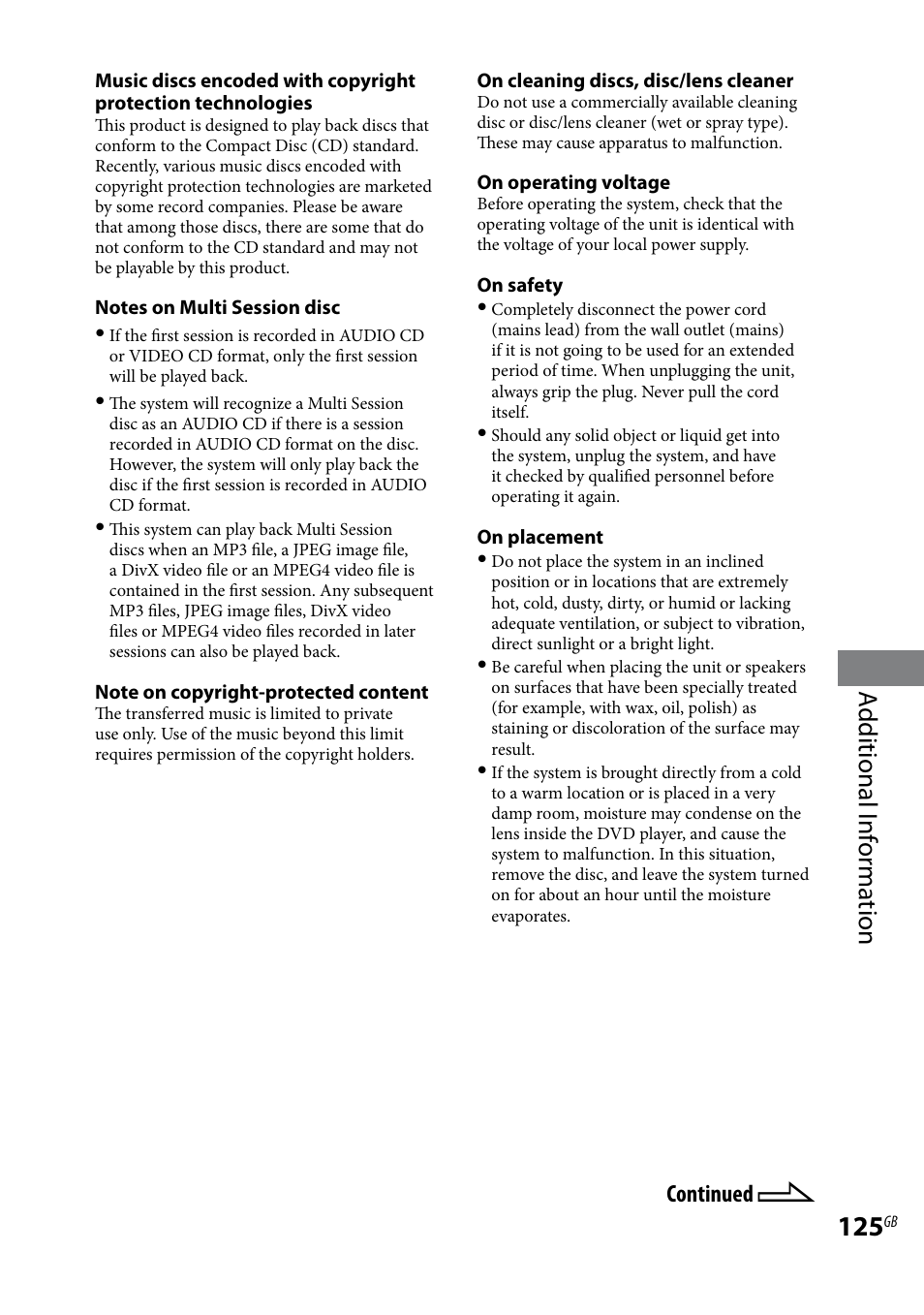 Additional i nf or ma tion, Continued | Sony LBT-LCD7Di User Manual | Page 125 / 147