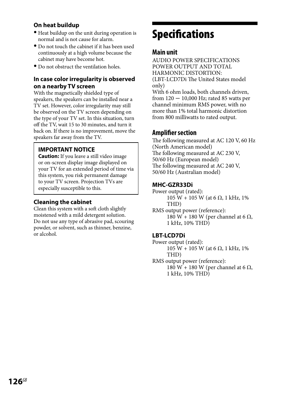 Specifications, Main unit | Sony LBT-LCD7Di User Manual | Page 126 / 147