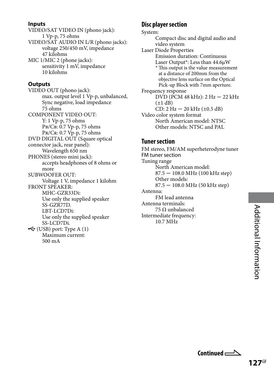 Additional i nf or ma tion, Continued | Sony LBT-LCD7Di User Manual | Page 127 / 147