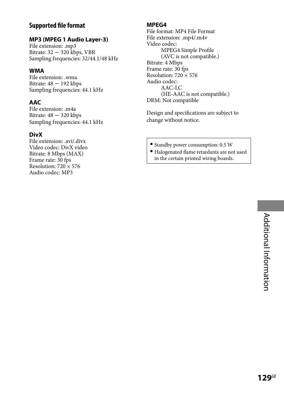 Additional i nf or ma tion, Supported file format | Sony LBT-LCD7Di User Manual | Page 129 / 147