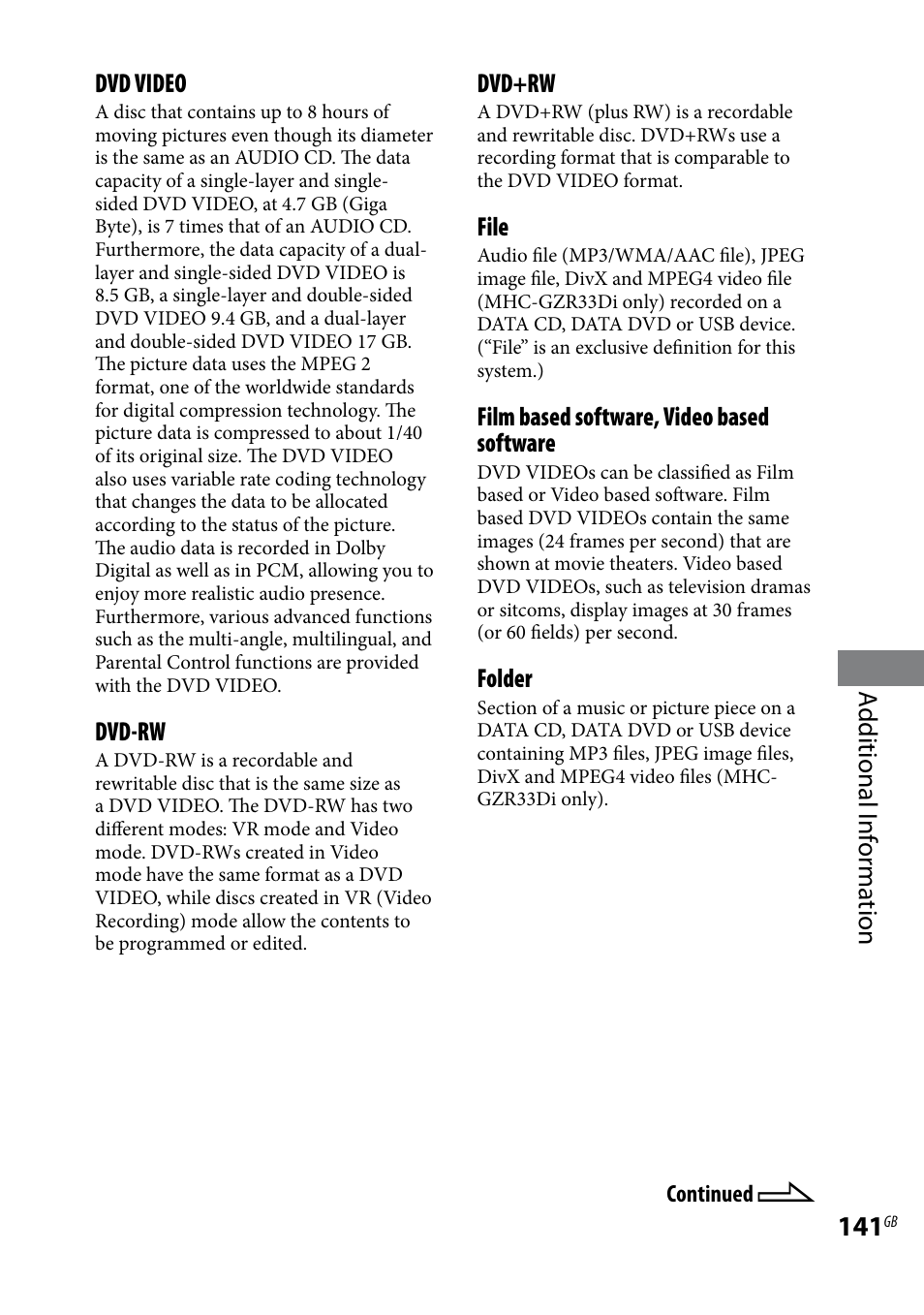 Additional i nf or ma tion dvd+rw, File, Film based software, video based software | Folder, Dvd video, Dvd-rw | Sony LBT-LCD7Di User Manual | Page 141 / 147