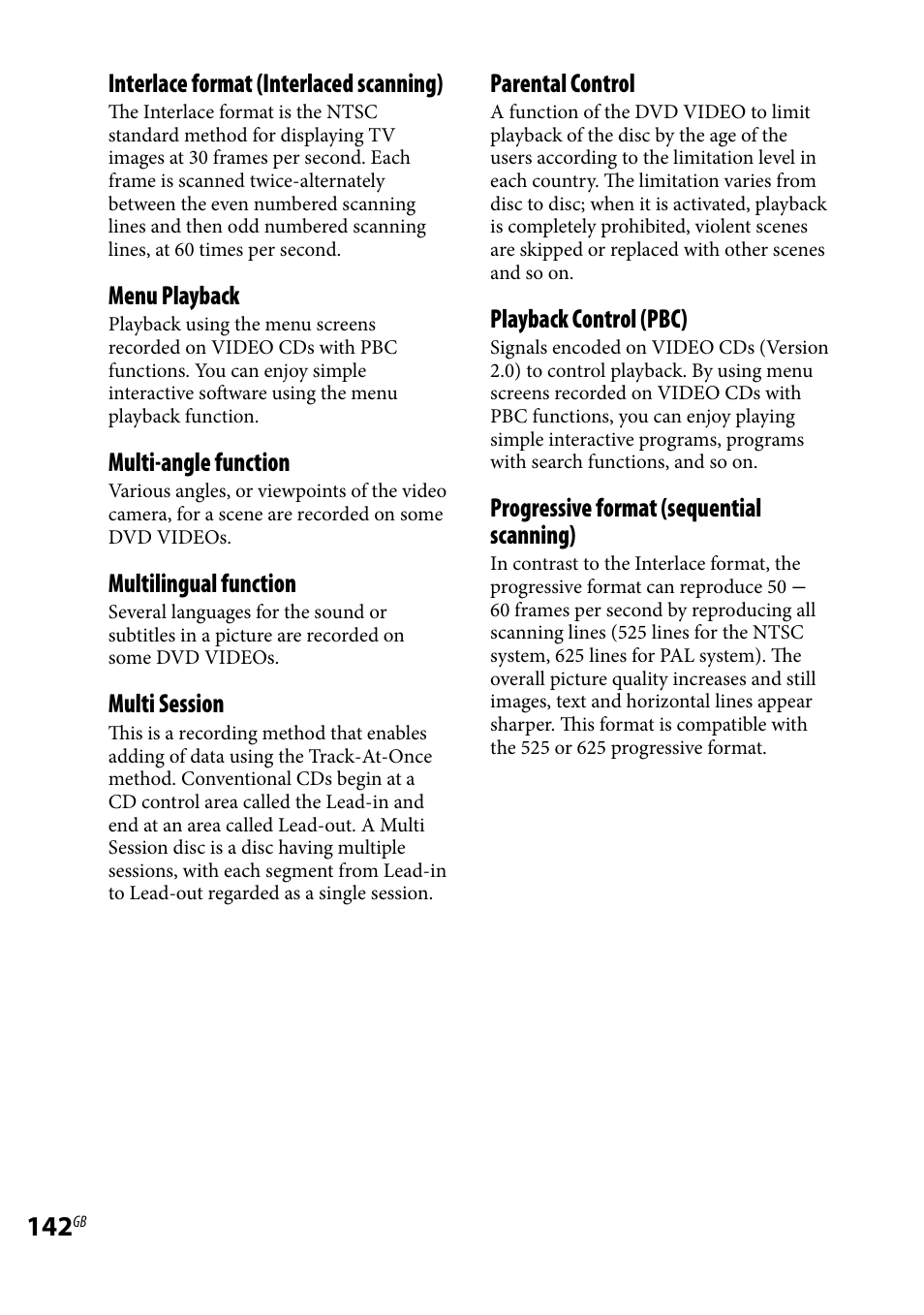 Interlace format (interlaced scanning), Menu playback, Multi-angle function | Multilingual function, Multi session, Parental control, Playback control (pbc), Progressive format (sequential scanning) | Sony LBT-LCD7Di User Manual | Page 142 / 147