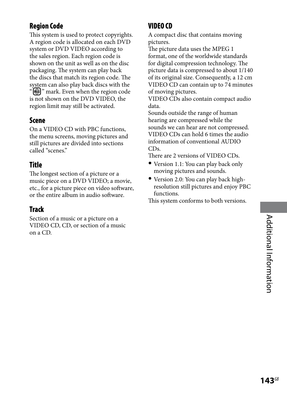 Additional i nf or ma tion region code, Scene, Title | Track, Video cd | Sony LBT-LCD7Di User Manual | Page 143 / 147