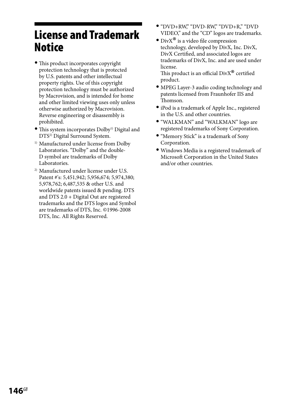 License and trademark notice | Sony LBT-LCD7Di User Manual | Page 146 / 147