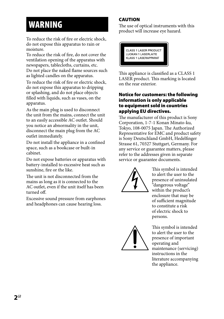 Warning | Sony LBT-LCD7Di User Manual | Page 2 / 147