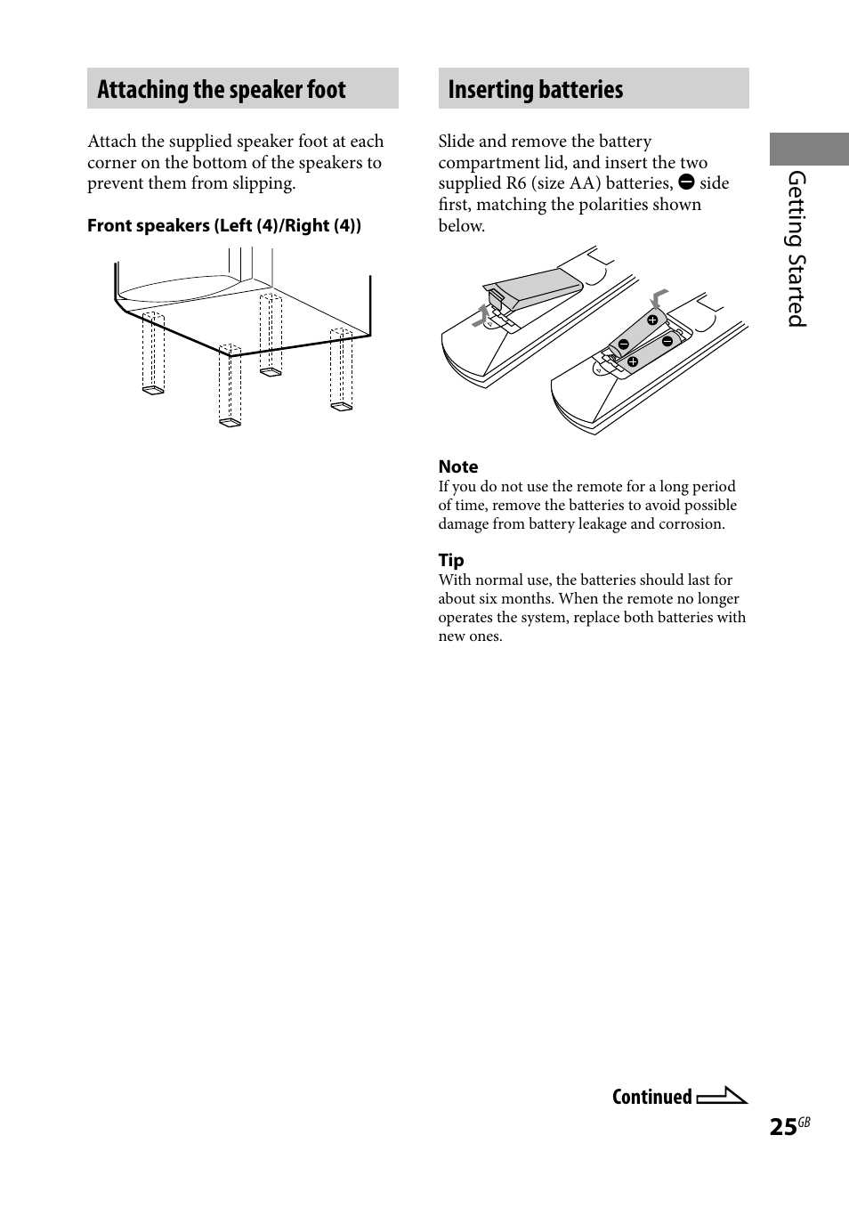 Attaching the speaker foot, Inserting batteries, Getting s tar ted | Sony LBT-LCD7Di User Manual | Page 25 / 147