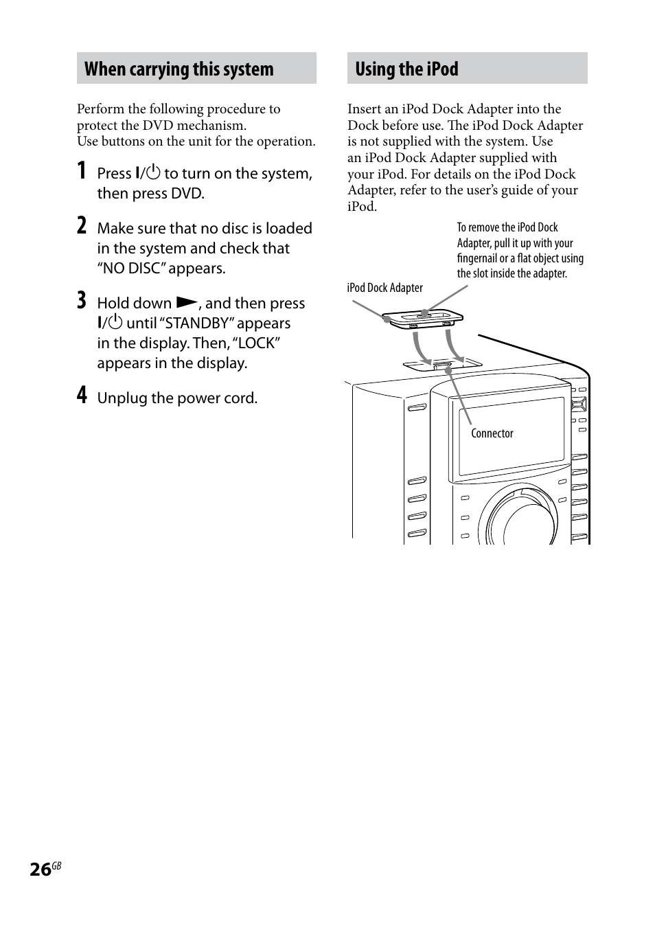 When carrying this system, Using the ipod | Sony LBT-LCD7Di User Manual | Page 26 / 147