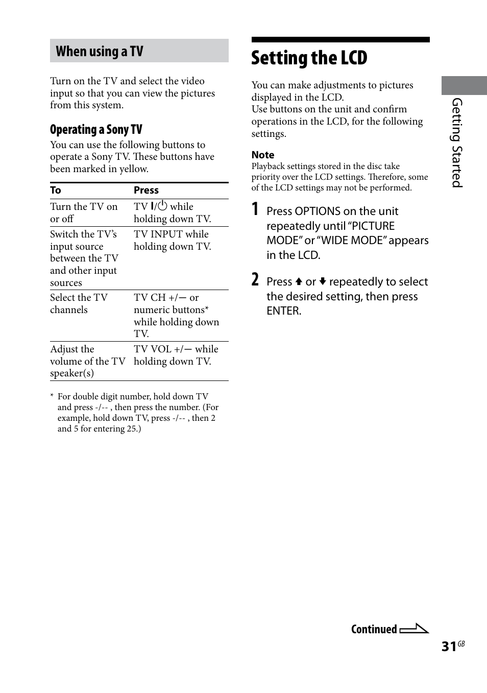 Setting the lcd, When using a tv, Getting s tar ted | Operating a sony tv | Sony LBT-LCD7Di User Manual | Page 31 / 147