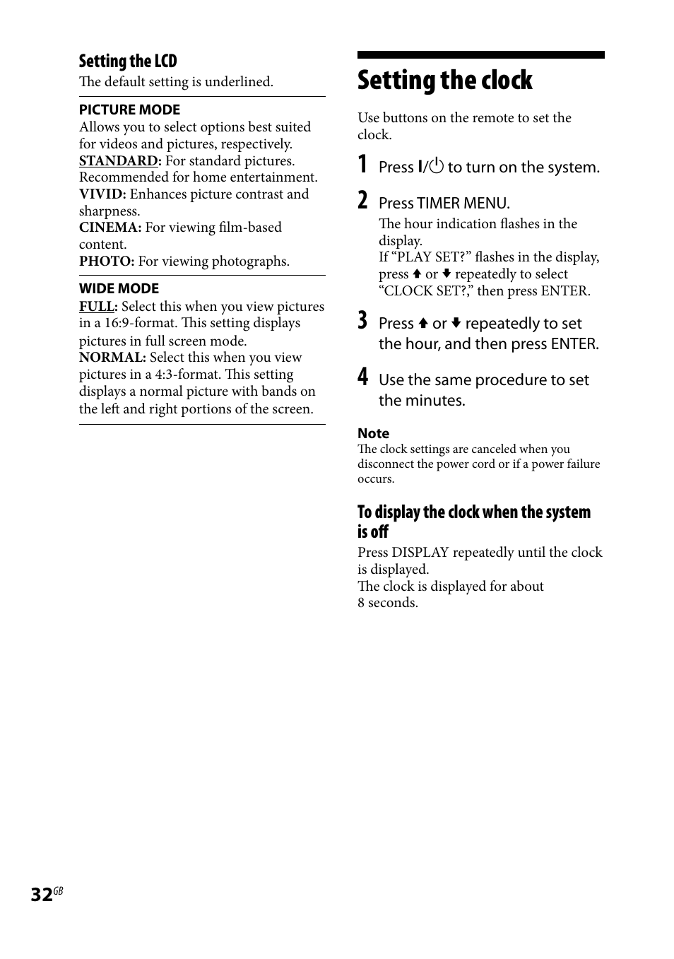 Setting the clock, Setting the lcd | Sony LBT-LCD7Di User Manual | Page 32 / 147