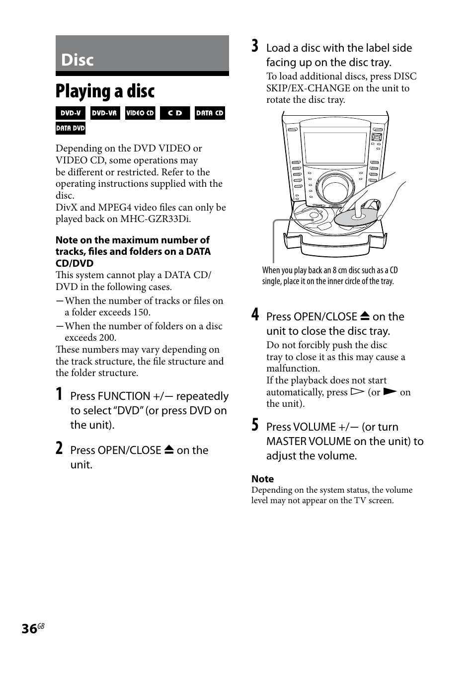 Disc, Playing a disc | Sony LBT-LCD7Di User Manual | Page 36 / 147
